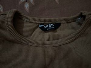 Brown Ribbed Ruched Top