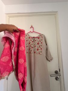 Beige Kurta pant with pink Floral Embroidery