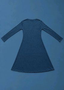 DENIM BLUE RIBBED LONG SLEEVE A-LINE DRESS