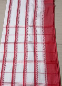 73)Traditional Red White Pure Cotton Saree