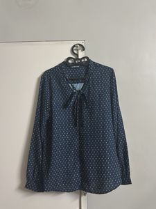 Navy Blue Printed Tie-Neck Blouse