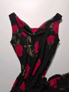 Eva Blue Y2K Beaded Black Rose Print Dress