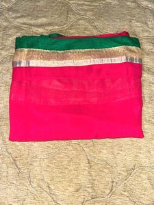 Vibrant Pink Saree with Green &amp; Gold Border