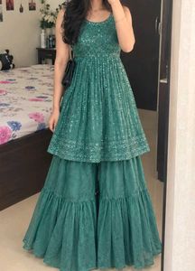 🌙 Green Mirror Work Sharara Set 💚