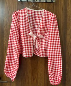 savana Red Gingham Puff Sleeve Top with Bow
