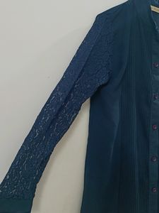 Navy Blue Shirt Dress With Lacy Sleeves