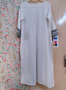 Pure Cotton White straight Kurta with Blue Embroi