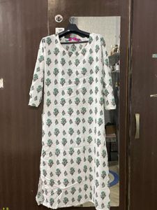 White Kurta with Green Floral Print