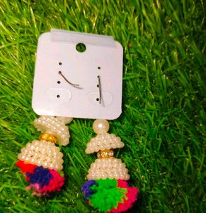 Beaded Jhumka Earrings with Pom Po