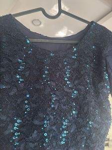 Navy Blue Sequin Embroidered Crop Top