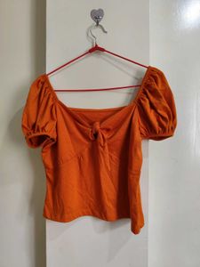 Orange Puff Sleeve Tie-Front Top