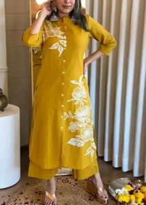 Yellow Kurta Set with White Floral Print