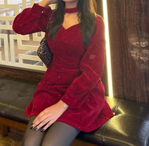 Sparkly Red A-Line Dress with Choker Neck