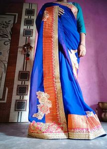 Royal Blue &amp; Coral Embroidered Saree