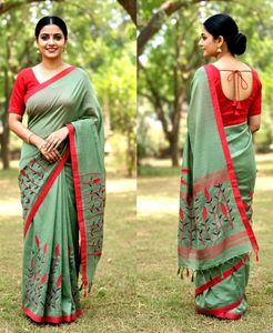 Elegant Green & Red Embroidered Saree