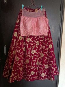 Maroon Velvet Embroidered Lehenga Skirt