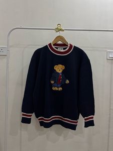Bear Embroidery Knit Navy Blue Pullover🧸