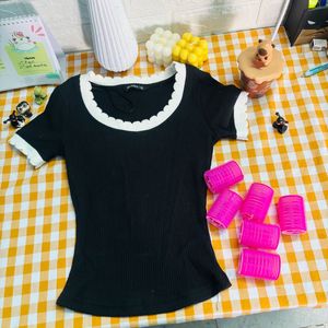 Black Ribbed Top with white border