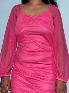 Hot Pink Sheer Sleeve Ruched Dress