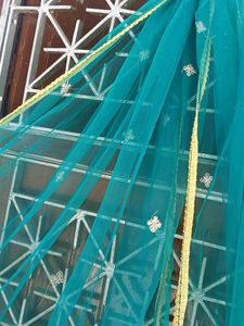 Teal Net Dupatta with Gold Border