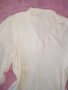 Chic White Knit Top with Sheer Sleeves