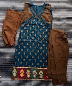 Teal Kurta Set with Brown Pants & Dupatta