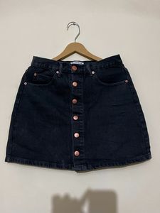 Black Denim Button-Front Mini Skirt