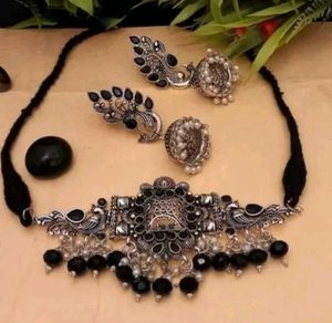 New Oxidized Silver Peacock Choker Set