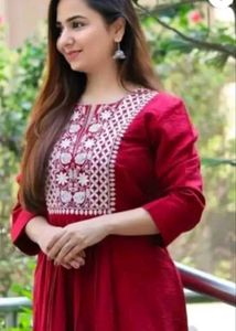 Red Embroidered Kurta with White Pants