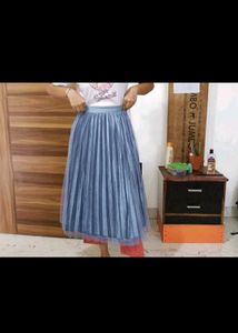 Blue Pleated Tulle Midi Skirt