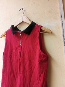 Sleeveless Red Collared Zip-Up Top (Women)