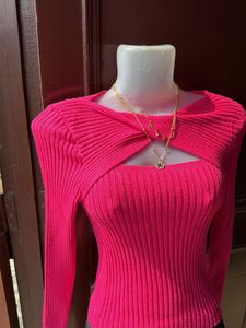 Hot Pink Cut-Out Ribbed Knit Top