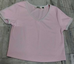 Pink Ribbed V-Neck Cropped Top