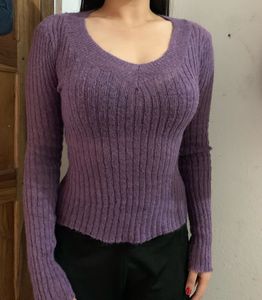 Purple Ribbed V-Neck Sweater
