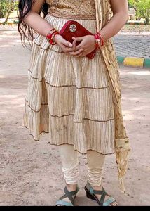 Elegant Beige Tiered Kurta Set with Dupatta