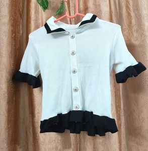 Cute Ruffle Trim Pearl Button Top