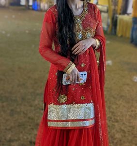 Red Sharara Bridal Garara Wear For Women
