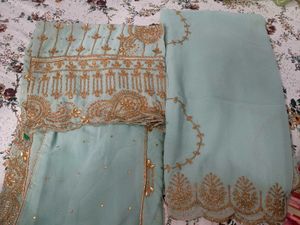 Pure Georgette Embellished Sky Blue Dress Material