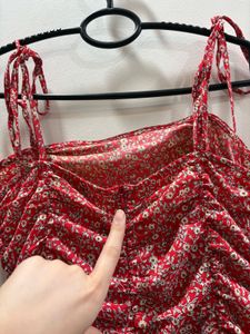 Red Floral Ruched Mini Dress | adjustable straps