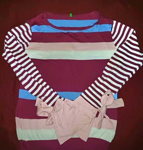 Striped Knit Sweater with Bow Detail
