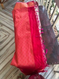 Vibrant Pink Silk Saree with Golden Border