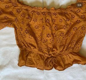 Mustard Yellow Off-Shoulder Eyelet Top