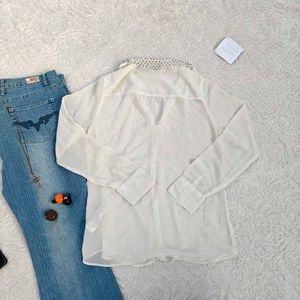 Y2k Pinteresty Cream Embellished Collar Blouse