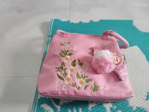 Cute Pink Embroidered Handbag with Adorable Charm