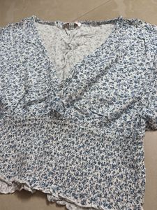 Blue Floral Smocked Crop Top