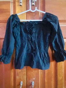 Chic Black Lace-Up Puff Sleeve Top