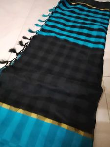 New Stylish Black &amp; Blue Striped Saree with attach