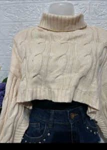 Cream Cable Knit Turtleneck Cropped Sweater