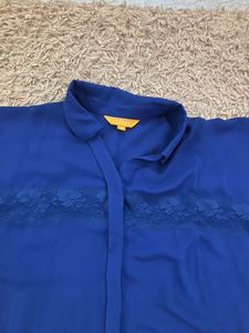 Blue bat wing Lace Detail Button-Down Shirt