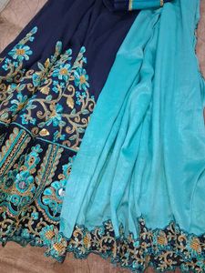 Embroidered with stones Navy Blue & Cyan saree